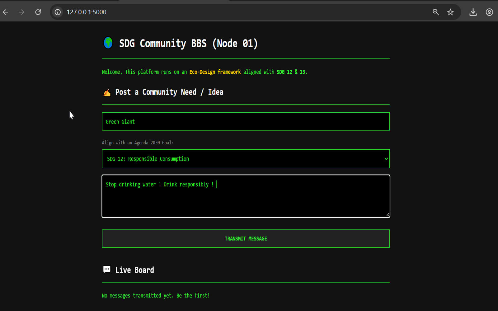 Nód Glas Node 01 SDG Community BBS local server demonstration