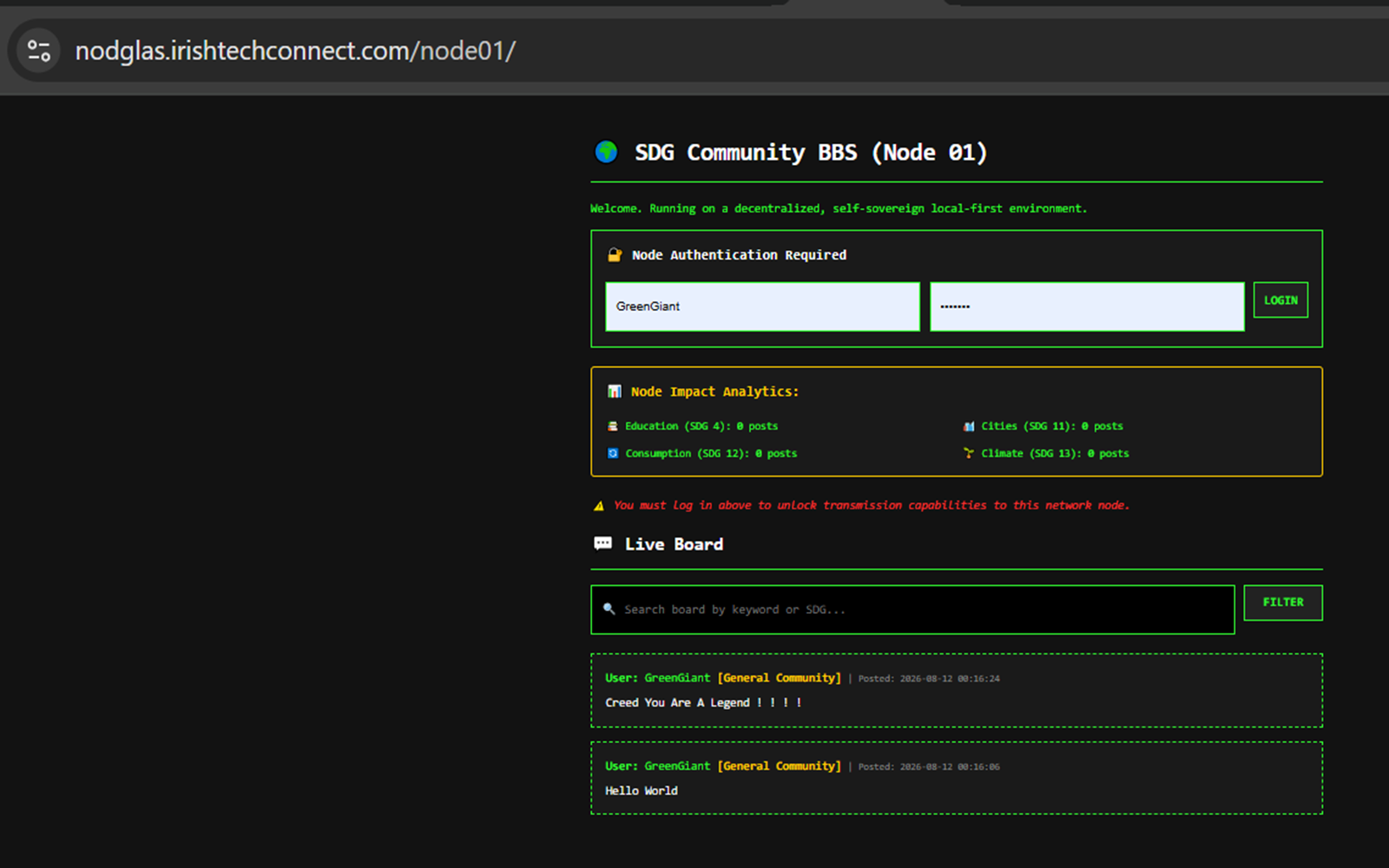 Nód Glas Node 01 SDG Community BBS logged out interface