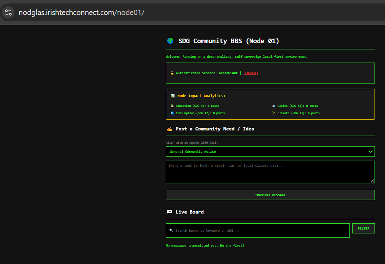 Live Node 01 SDG Community BBS authenticated interface